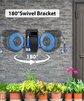 Retractable Garden Hose Reel Wall Mount with 180 degree swivel bracket, blue 90 ft hose, shown on outdoor brick wall