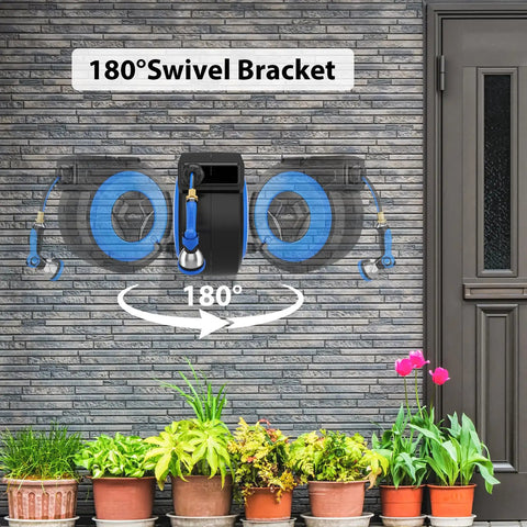 Retractable Garden Hose Reel Wall Mount with 180 degree swivel bracket, blue 90 ft hose, shown on outdoor brick wall