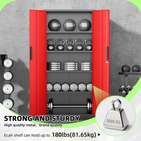 Beefy 72 Inch Heavy Duty Steel Garage Storage Cabinet With 900 Lb Capacity, 3 Point Locking System, Four Adjustable Shelves, Lockable Tall Storage for Garage Office or Warehouse, Black and Red, open with weights