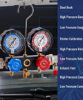 Front view of BACOENG R32 AC vacuum pump and gauge set for automotive A/C; dual gauges with blue and red dials