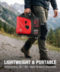 Man carrying 2500 Watt Portable Inverter Generator With 79.8cc OHV Engine Ultra Quiet 5.5 Hour Runtime 1900 Running Watts Built For Camping RV Life Home Power Outages And Outdoor Emergencies on mountain trail