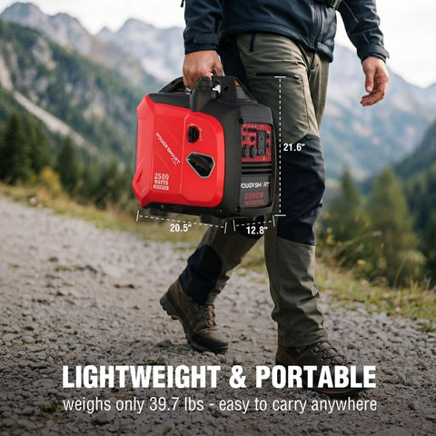 Man carrying 2500 Watt Portable Inverter Generator With 79.8cc OHV Engine Ultra Quiet 5.5 Hour Runtime 1900 Running Watts Built For Camping RV Life Home Power Outages And Outdoor Emergencies on mountain trail