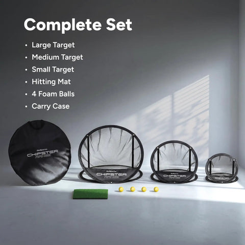 Complete set of Chipster Range PRO Golf Chipping Nets with 3 targets, carry case, hitting mat, and 4 foam balls indoors.