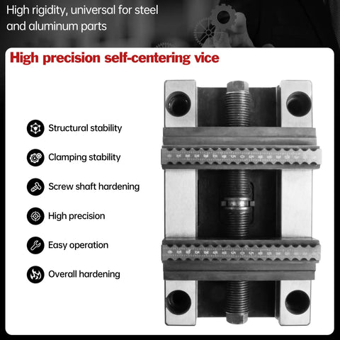 Five Axis CNC Self Centering Vise With Detachable Jaws ZF-70-100 For Precision Milling, 6 To 80mm Clamping Range, Positive Jaw 28-80mm And Reverse Jaw 6-54mm, Compact 100x71x52mm Size, Easy Setup, Beefy Pro Grade Build. Front view of hardened steel self-centering vise.