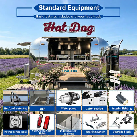 Slick Stainless Steel Food Trailer, 10 Ft Mobile Catering Cart With Mirror Finish showcasing hot dog stand equipment and features.