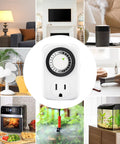 Indoor Mini 24 Hour Mechanical Outlet Timer With 30 Minute Intervals 3 Prong Plug 2 Pack Light Schedule For Lamps Small Appliances showing timer in use with appliances.