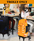 Six Wheel Backpack Trolley Rolling Dolly Cart For Luggage And Travel Hand Truck inside a classroom with orange and black backpacks.