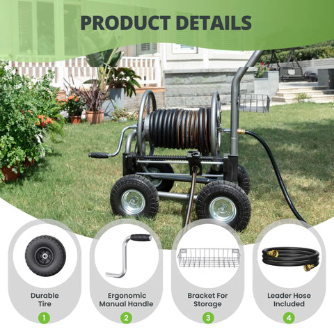 Heavy Duty Garden Hose Reel Cart With Wheels For Outdoor Use 250 Feet Of Five Eighth Inch Hose Capacity Weather Resistant