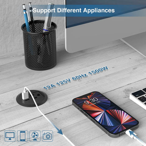 2 Inch Desk Power Grommet Outlet With USB C And USB A Recessed Power Strip on office desk with phone charging
