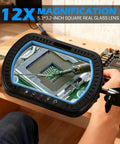 12X Magnifying Glass With Light And Clamp, showing close-up of electronics work using 5.3x3.2 Inch Glass Lens for precision.