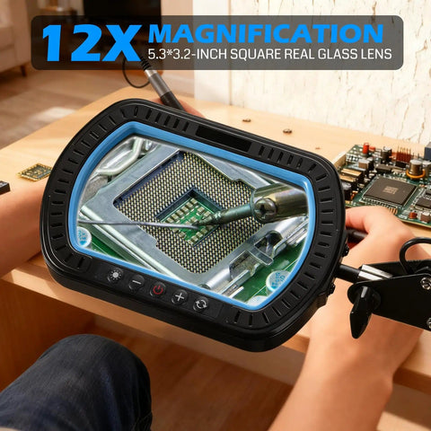 12X Magnifying Glass With Light And Clamp, showing close-up of electronics work using 5.3x3.2 Inch Glass Lens for precision.