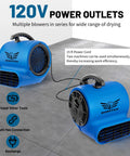Two blue Beast Mode Air Mover Blower Fans, one half HP 2500 CFM, 120V power, 15 ft cord, three speed settings displayed on a gray floor.