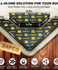 Rug Tape Kit With 24 Pcs No Glue Silicone Bottom For Strong Hold Anti Slip Pads with corner and edge strips on hardwood floor.