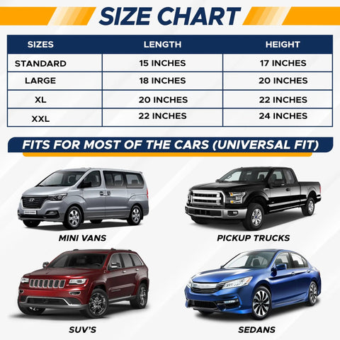 Size chart and vehicle types for Two Pack Car Window Shade For Back Seat Protects Kids Pets And Passengers From Sun Glare And Harmful UV Rays Retractable One Touch Side Window Shade Easy To Install Fits Cars And Trucks 20 By 22 Inches