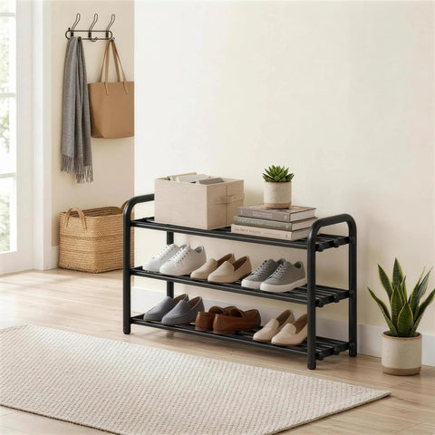 3 Tier Expandable Shoe Rack With Adjustable Telescopic Design For Entryway Or Walk In Closet Sneaker Storage Organizer To Stack Your Fresh Kicks And Keep The Setup Tight Heavy Duty Top Notch Shelving Unit
