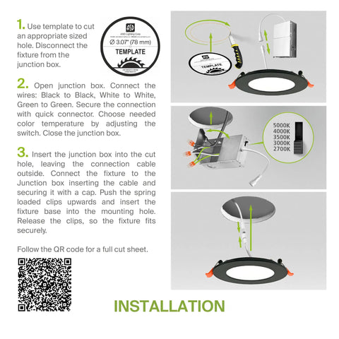 Slim 3 Inch LED Recessed Light Kit With Easy Install And 5 Color Temperatures 2700K 3000K 3500K 4000K 5000K Dimmable Canless Wafer Downlight installation guide image