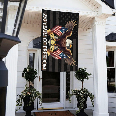 250 Years Of Freedom USA Flag 3x5 Ft With 3 Layer Double Sided Print Fade Resistant Reinforced Brass Grommets 1776 To 2026 Patriotic Flag For Your Backyard Setup And Outdoor Display hanging on a porch.