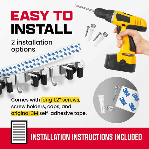 Two Pack Wall Mounted Broom and Mop Hanger Set With Stainless Steel Construction and Adhesive Mounting installation hardware