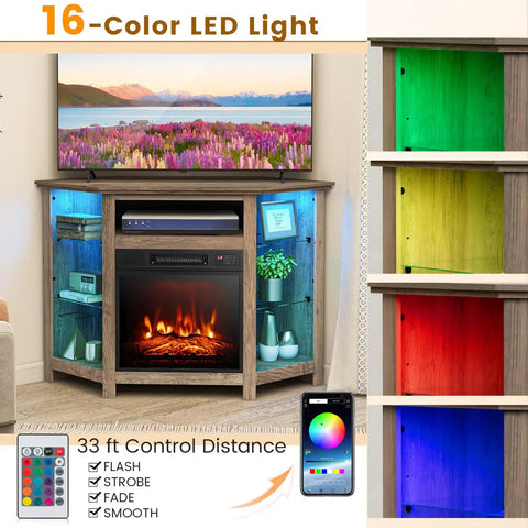 Corner Electric Fireplace TV Stand With Heater And LED Lights, Easy App Control, Adjustable Shelves, for 50 Inch TVs, Gray Finish
