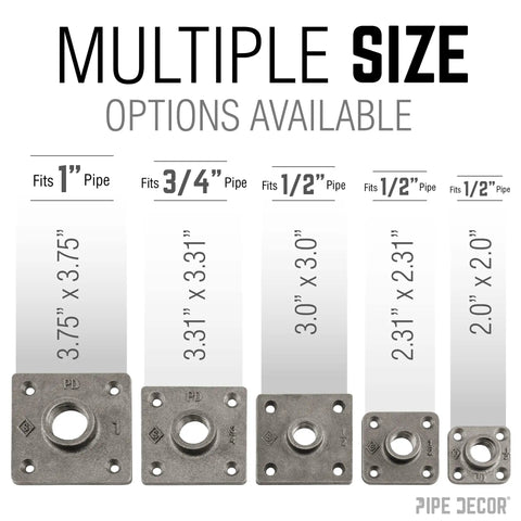 Half Inch Square Micro Mini Flange Fittings Set Black Malleable Iron For Standard Pipe Nipples And Fittings DIY Vintage Furniture Build 8 Pack Perfect For Shelves Lamps Tables And Art Projects, multiple size options chart