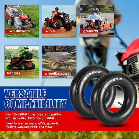 Beefy 2 Pack 13x5.00-6 Inner Tubes With TR-13 Straight Valve Stem displayed with images of lawn mowers, ATVs, go-karts.
