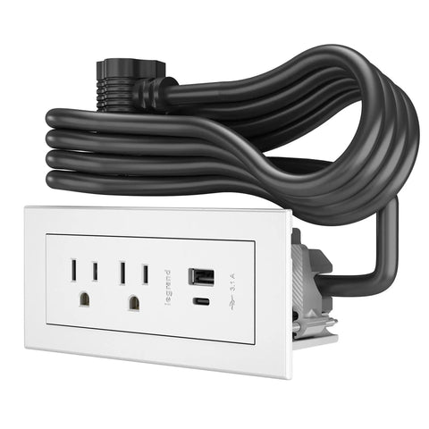 Radiant Furniture Power Center with USB C and USB A Recessed Power Strip 2 Outlets 10 Foot Cord White Low Profile Mount