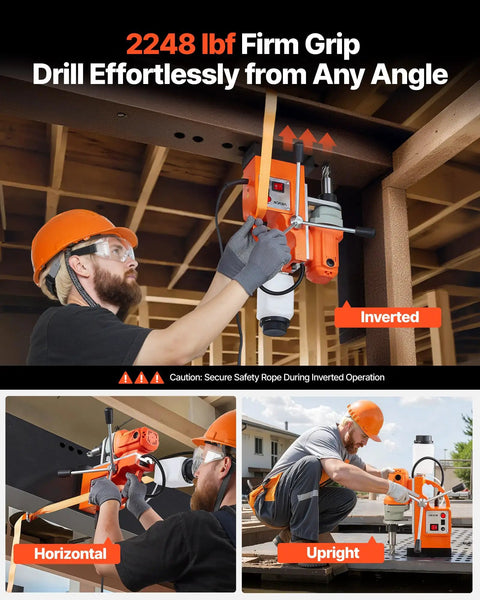 Magnetic Drill Press 1200W used in inverted, horizontal, upright positions for metalwork with 1.5 inch boring diameter
