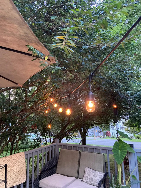 Patio with 11W Outdoor S14 Incandescent Replacement Bulbs 120V E26 Base 16 Pack enhancing cozy backyard vibes
