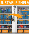 Front view of Beefed Up Tall And Wide Metal Storage Cabinet With Lockable Doors Four Adjustable Shelves Wheels And Pegboard Boss Grade Garage Cabinet For Office Gym Basement And Warehouse White showing adjustable shelves with tools and storage boxes inside.