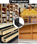 Collage showing 2 Inch Black Corner Brackets Set for Wood Furniture Shelves and Bed 90 Degree L Braces installed on various furniture