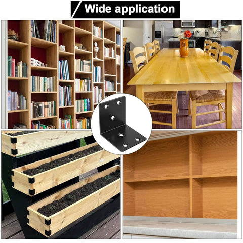 Collage showing 2 Inch Black Corner Brackets Set for Wood Furniture Shelves and Bed 90 Degree L Braces installed on various furniture
