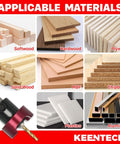 Drill bit with depth stop beside a collage showing softwood, hardwood, plywood, solid wood, MDF, chipboard, plastics, aluminum
