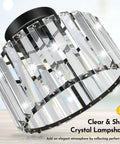 Semi Flush Mount Crystal Ceiling Light Fixture With Black Metal Cage, showcasing faceted crystals and black matte elements.