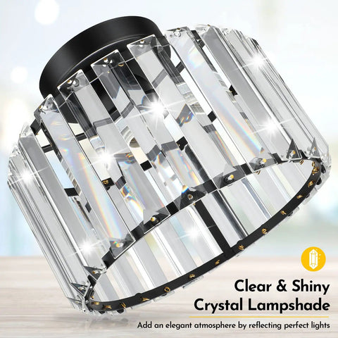Semi Flush Mount Crystal Ceiling Light Fixture With Black Metal Cage, showcasing faceted crystals and black matte elements.