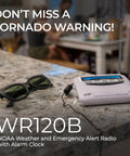 WR120B NOAA Emergency Weather Alert Radio with localized programming on kitchen counter, displaying tornado warning, sunglasses nearby.