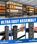 Heavy Duty Bulletproof Four Tier Steel Storage Shelves For Garage And Workshop With Wide 79 Inch Base and reinforced assembly steps shown.