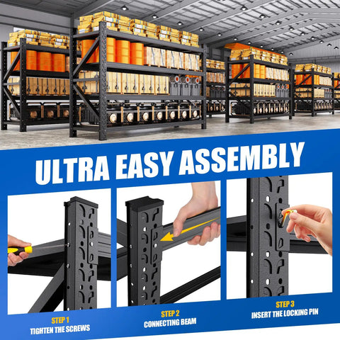 Heavy Duty Bulletproof Four Tier Steel Storage Shelves For Garage And Workshop With Wide 79 Inch Base and reinforced assembly steps shown.