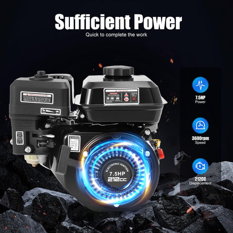 212CC 7.5HP Gas Engine 4 Stroke Single Cylinder Air Cooled Pull Start Motor 3600 RPM display with power specs shown