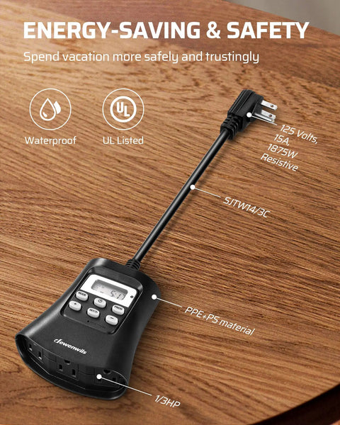 Heavy Duty Outdoor Digital Timer For Front Porch And Backyard Lights With Hassle Free Weekly Scheduling And Auto Random Lighting All Season Weather Resistant Plug In on wooden table with three outlets and controls.