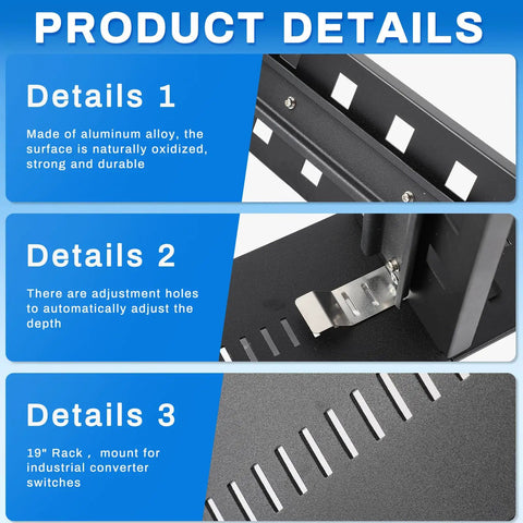 Black 19 Inch Rack Mount DIN Rail Kit Aluminum Alloy Adjustable Rails Bracket For Industrial Media Converters And Ethernet Switches