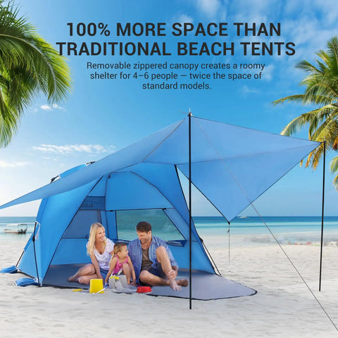 Family enjoying Pop Up Beach Tent With 360 Degree Removable Canopy For 4 To 6 People, UPF 50 Plus Sun Shelter on sandy beach