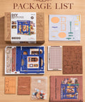 Openable Miniature Tea Room Book Nook Kit For Adults package contents laid out featuring DIY 3D mini house model craft components.