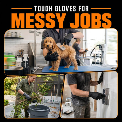 Heavy Duty 7 Mil Black Nitrile Disposable Gloves For Mechanics Built Different Rock Solid Puncture Resistance And Dang Good Grip Packaged In A Slick Dispenser Box used for grooming dogs, gardening, and drywall tasks.