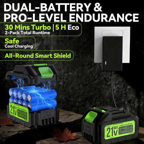 Dual-battery 21V charger with smart shield, showcasing battery structure and charging setup on wooden surface
