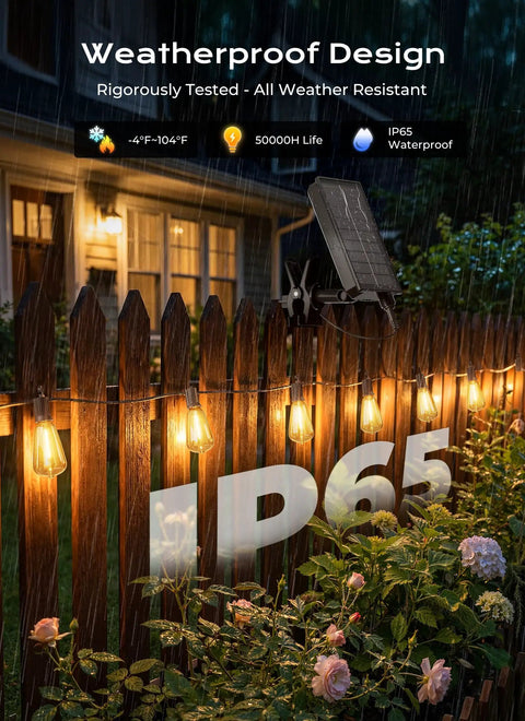 52Ft Solar String Lights For Outdoor Patio Waterproof With Remote And Timer, USB Or Solar Powered Dimmable Backyard Party Lights For Vibe, 15 Plus One LED Bulbs, Easy USB Charging, 26 Hours Runtime on a rainy evening.