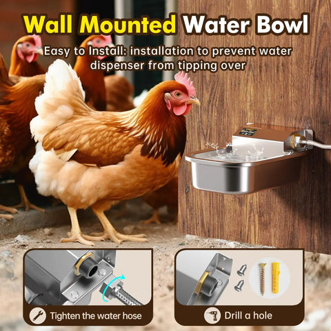No Fuss Automatic Water Dispenser For Dogs And Livestock, 3 Liter Stainless Steel Faucet Bowl wall-mounted, easy to install for chickens.