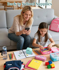 Mother and daughter using Bluetooth Label Maker With Tape P12 Small Thermal Printer at home with school supplies on table