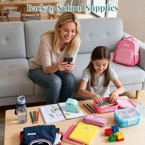 Mother and daughter using Bluetooth Label Maker With Tape P12 Small Thermal Printer at home with school supplies on table
