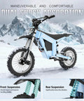 Kick Up Serious Dust With This Sick Dual Electric Dirt Bike Set Packing 48V 21Ah Battery And A Mean 3000W Peak Motor Built For Crushing Gravel Trails Every Single Weekend. Blue electric dirt bike with dual shock absorption in snowy terrain.
