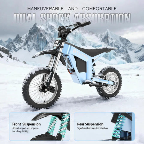 Kick Up Serious Dust With This Sick Dual Electric Dirt Bike Set Packing 48V 21Ah Battery And A Mean 3000W Peak Motor Built For Crushing Gravel Trails Every Single Weekend. Blue electric dirt bike with dual shock absorption in snowy terrain.